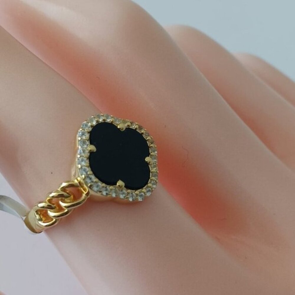 YS India 14k Gold Plated Sterling Siver 925 W CZ & Genuine Onyx Clover Ring Sz.8